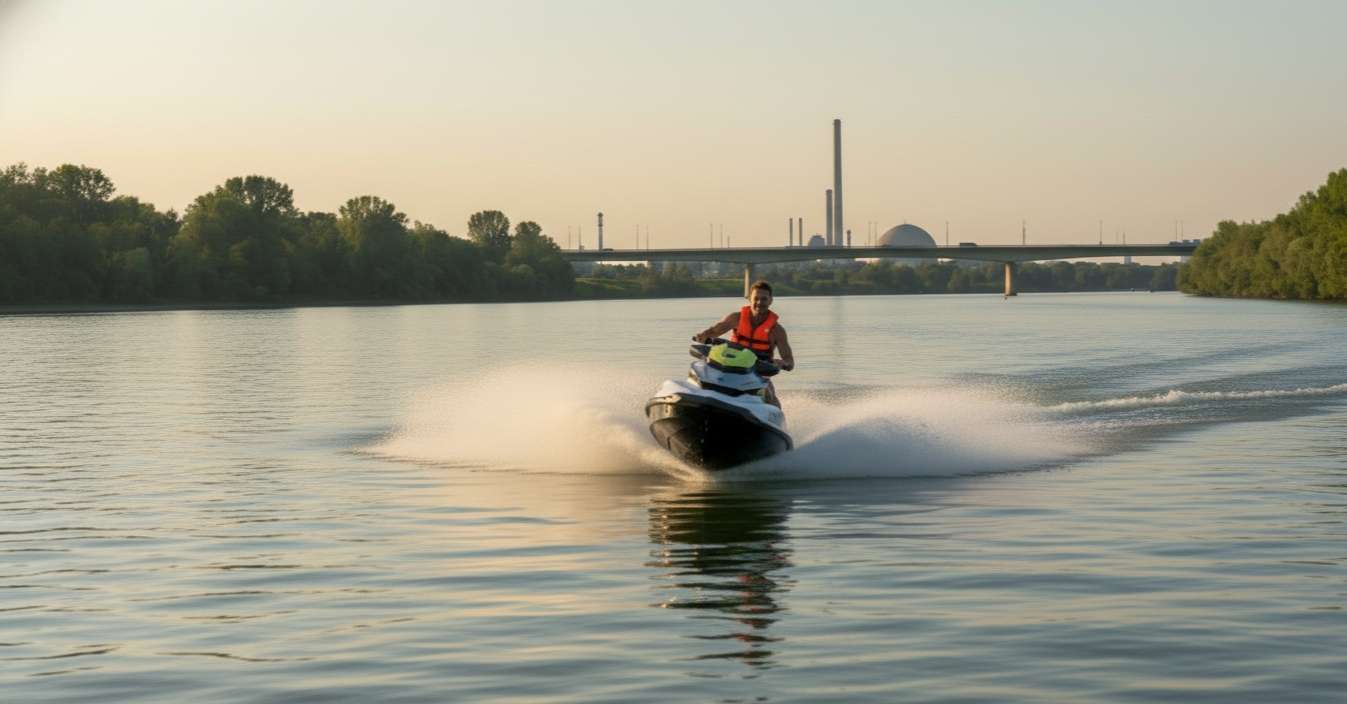 Ein Jetski-Fahrer mit Rettungsweste bei einer rasanten Fahrt auf dem Rhein in Ludwigshafen – Vorbereitung für den SBF Binnen.